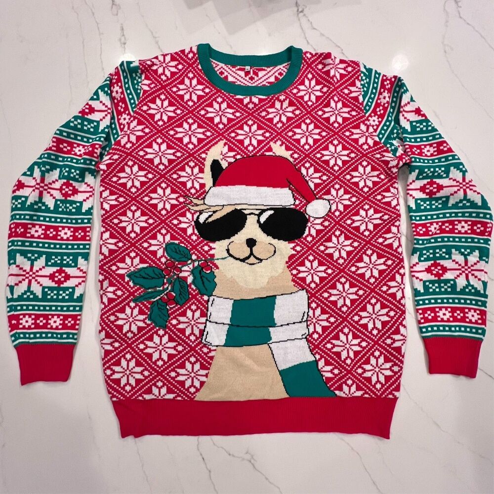 Ugly Christmas Sweater Llama Scarf Cool Glasses Funny Holiday Knit XL Red Green